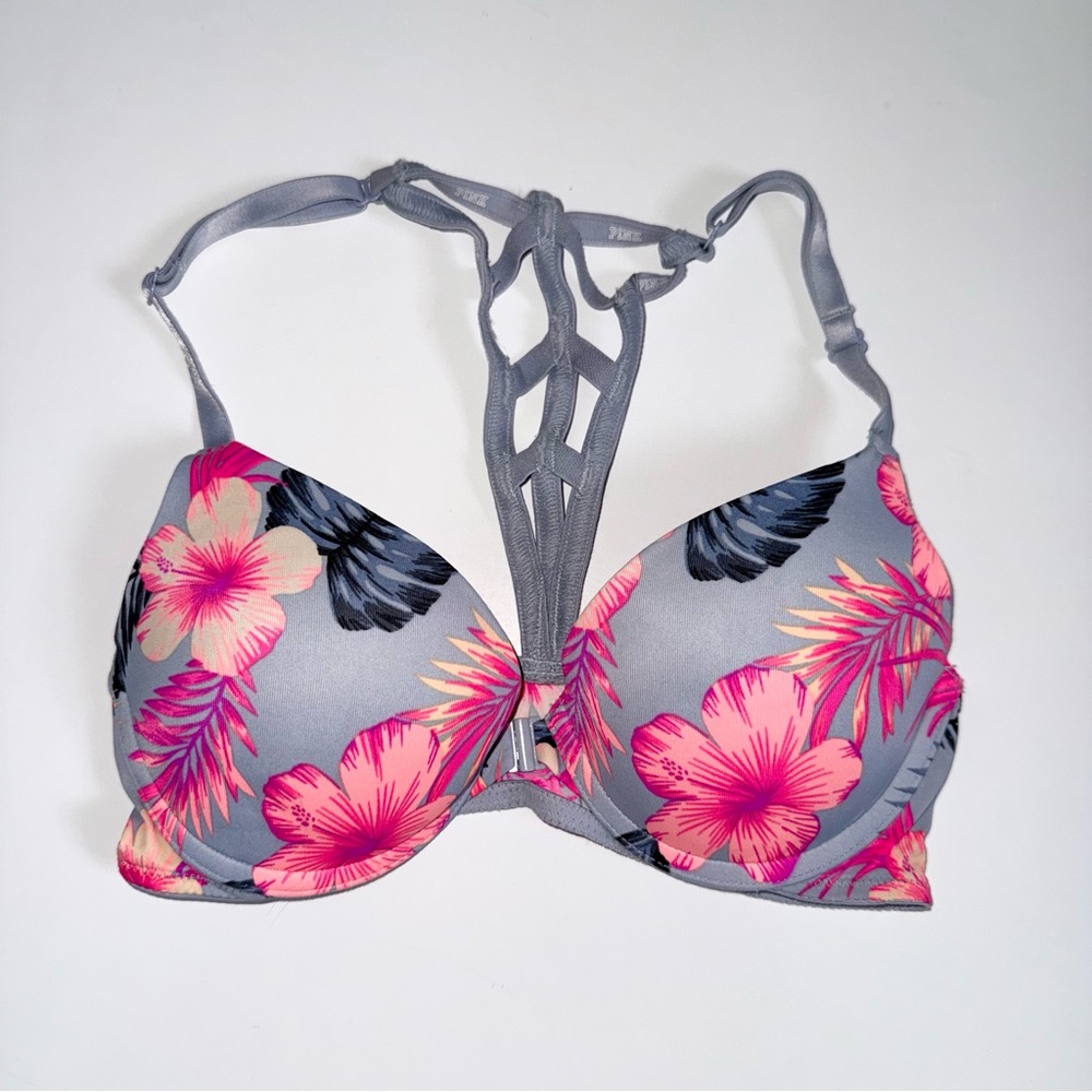 PINK Victoria’s Secret Wear Everywhere Push Up Bra 32B Strappy Back Tropical